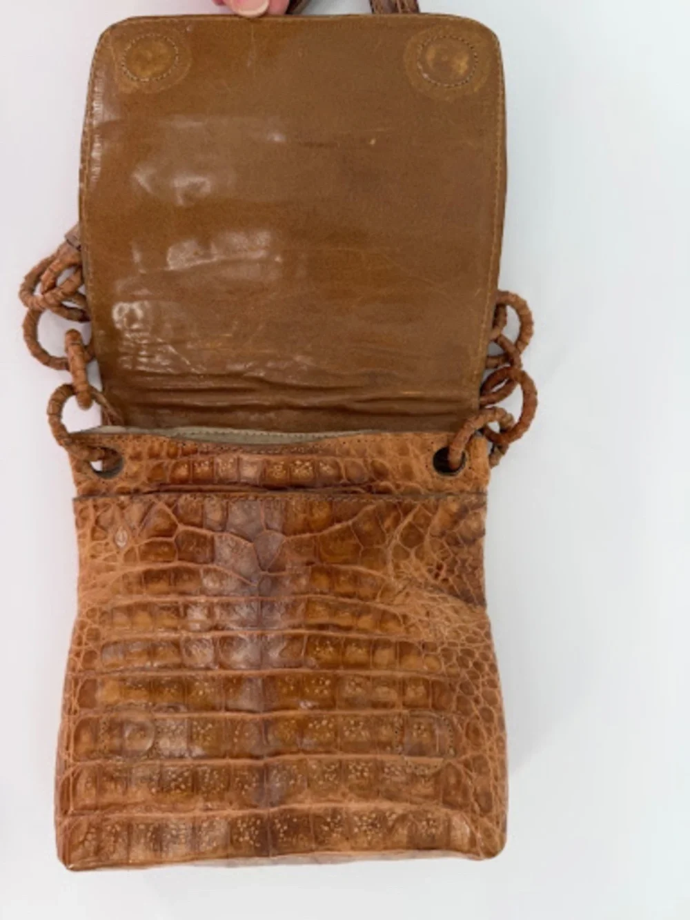 Baird & Baird Cognac Brown Genuine Caiman Leather Ring Strap Crossbody Bag